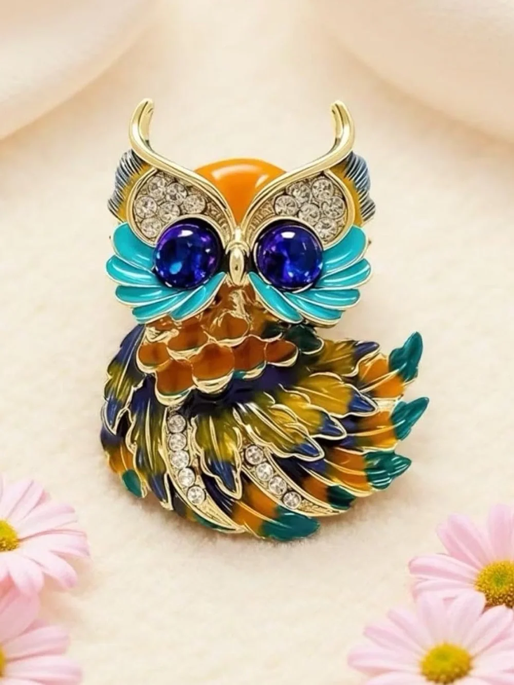 Multicolor Owl Brooch — Turquoise, Purple, Gold, Orange
